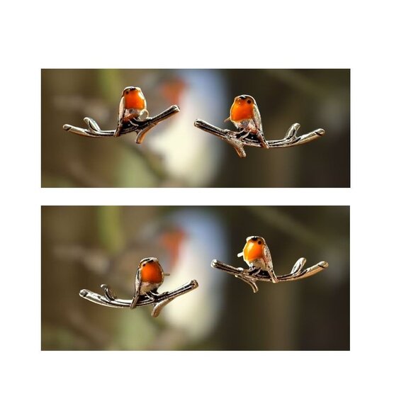 Robin Bird Earrings Ear Climbers New Orange Silver Tree Branch Loved One… - Picture 4 of 12